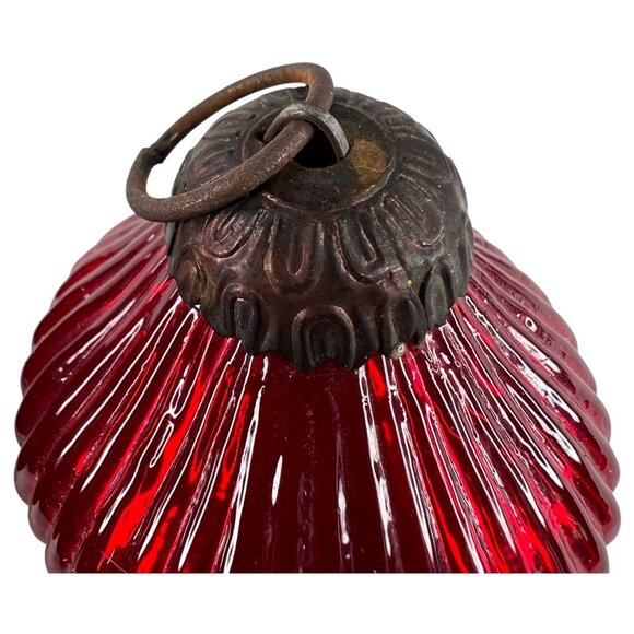 3 Modern Kugel Style Glass Christmas Tree Ornaments Ribbed Red Blue Metal Caps - Picture 5 of 12